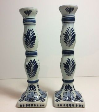 Vintage Marked Delft Holland 405 Blue Candle Holders 7 3/4 " High Pretty
