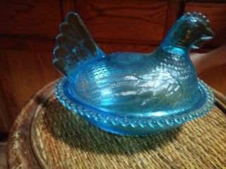 Blue Vaseline Glass Hen Chicken On Nest Basket Candy Dish Rooster Cobalt Uranium