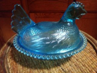 Blue Vaseline glass hen chicken on nest basket candy dish rooster Cobalt Uranium 2