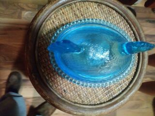 Blue Vaseline glass hen chicken on nest basket candy dish rooster Cobalt Uranium 3