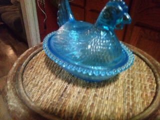 Blue Vaseline glass hen chicken on nest basket candy dish rooster Cobalt Uranium 4