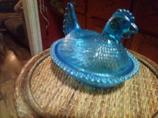 Blue Vaseline glass hen chicken on nest basket candy dish rooster Cobalt Uranium 5