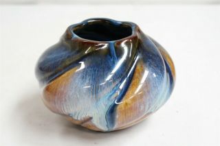 Arts Crafts Revival Twisted Blue Drip Glaze Rust Art Pottery Bowl Vase Signed 2