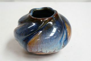 Arts Crafts Revival Twisted Blue Drip Glaze Rust Art Pottery Bowl Vase Signed 3