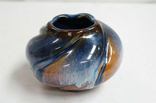 Arts Crafts Revival Twisted Blue Drip Glaze Rust Art Pottery Bowl Vase Signed 4
