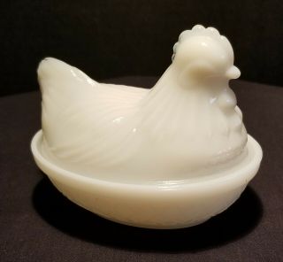 Vintage Milk Glass 4 1/4 " Hen On A Nest Covered Dish Chicken