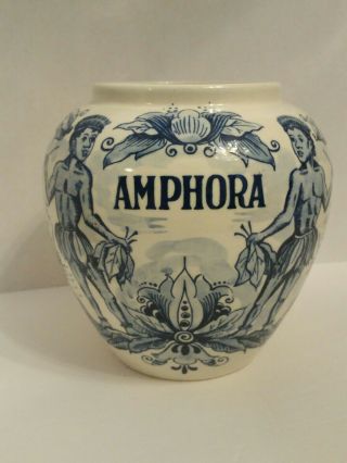 Vtg Amphora Delft Blue Hand Painted Holland Tobacco Humidor Porcelain Jar Vase