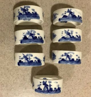 Delft Pottery Set Of 7 Napkin Rings Hand Painted Delft Blue Windmill
