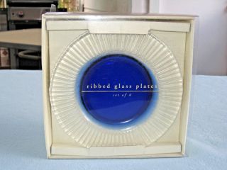 Pier 1 Imports Set Of 4 8 1/4 " Colbat Blue & Clear Ribbed Glass Plates Nib