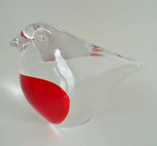 Clear Art Glass With Red Breast Bird Paperweight Murano Style