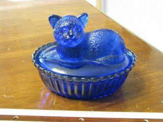 Cobalt Blue Glass Cat Bowl Covered Candy Dish Cute Cats Vintage Westmoreland