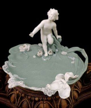 Antique Jugendstil Jasperware Of Neoclassical Cupid & Water Lilies Figural Plate