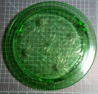 Vintage Jeanette Sunflower Design Green Depression Glass Footed Cake Plate