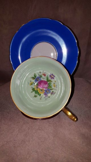 Royal Bayreuth Fine Bone China Teacup And Saucer Set Blue With Floral Center
