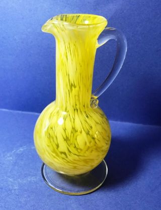 Yellow And White Swirl Hand Blown Glass Pitcher With Clear Handle