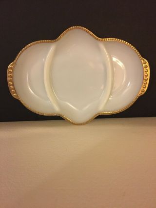 Vintage Fire King White Milk Glass w/Gold Trim Divided Dish/Relish Tray 11 