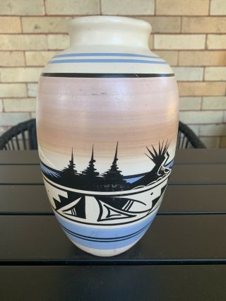 Navajo Native American Art Pottery Vase Blue Pink Nature Scene Artist Signed