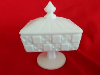 Westmoreland Milk Glass Old Quilt Pattern Pedestal Covered Candy Dish