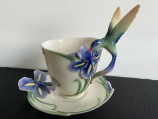 Franz Humming Bird And Iris Porcelain Cup And Saucer Gorgeous Colors