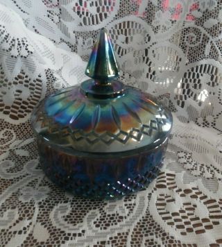 Vintage Blue Carnival Smoked Glass Covered Candy Dish Euc