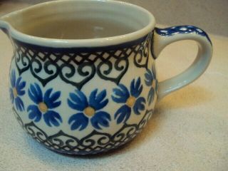 Vintage Polish Pottery Creamer Floral Blue Painted Mid Century?
