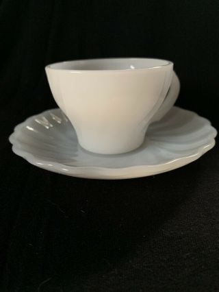 Vintage Anchor Hocking Fire King Glass Demitasse White Shell Cup & Saucer