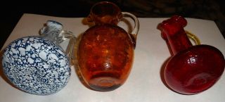 3 BLENKO Crackle Glass Pitchers Ruby Red Vintage hand applied texture 4
