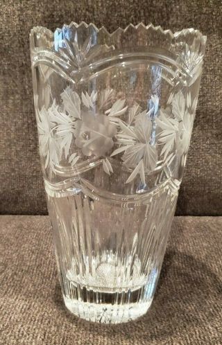 10 " Tall Large Etched Glass Vase Flowers And Leaves Heavy