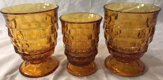3 Vintage (two 8 Oz) (one 4 Oz) Indiana Amber Glass Cubist Footed Water Goblets