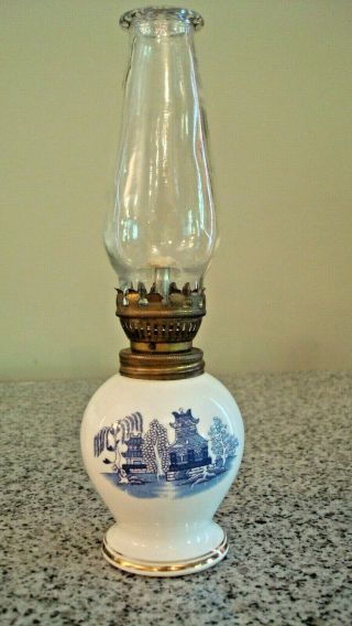Vintage Rare Blue Willow Small Oil Lamp With Globe