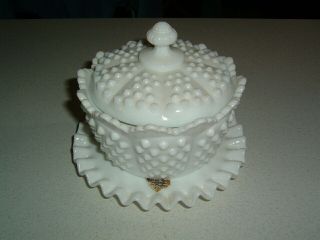 Fenton Hobnail White Milk Glass Flat Candy Jar & Cover W Underplate