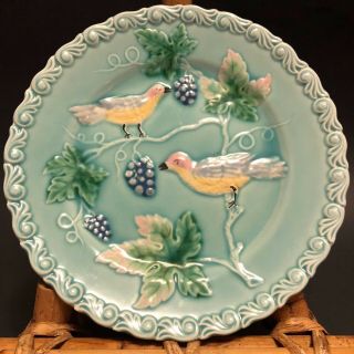 Majolica Zell German 2 Plates With Birds And Grapes Blue& Blue With Strawberries