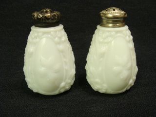 Eapg Opaque White Shakers With An Oval Flower Panel