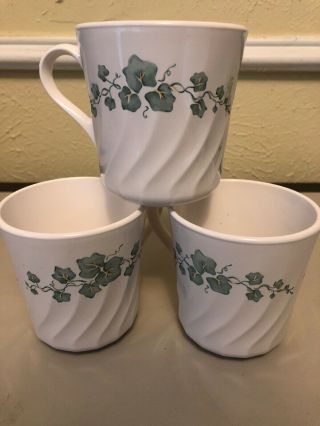 Set Of 3 Vintage Corning Ware Green Ivy Vines Mugs Cups Made In U.  S.  A