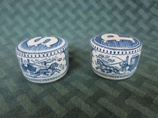 Vintage Currier and Ives Royal China Blue Transferware Salt and Pepper Shakers 2