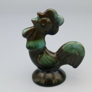 Blue Mountain Pottery Rooster Chicken Figurine Turquoise Green Brown Glaze 3.  5 "