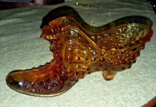 Vintage Fenton Hobnail Amber Glass Shoe With Cat