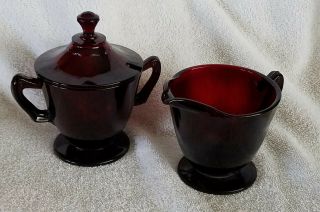 Vintage Ruby Red Cream And Sugar Dish Set