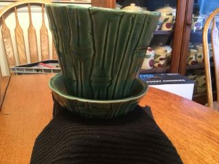 Vintage Brush McCoy Art Pottery Green Bamboo Medium Flower Pot Attch Saucer Vase 3