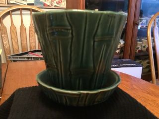 Vintage Brush McCoy Art Pottery Green Bamboo Medium Flower Pot Attch Saucer Vase 4