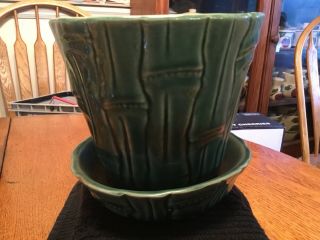 Vintage Brush McCoy Art Pottery Green Bamboo Medium Flower Pot Attch Saucer Vase 5
