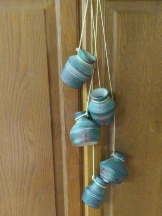 21 " Of 5 Hanging Clay Pots 2 3/4 " - 3 ",  Strung Together For Kitchen/patio/beams