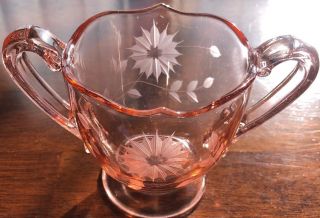 Antique Etched Pink Depression Glass Sugar Bowl Dish Handled Floral Vintage