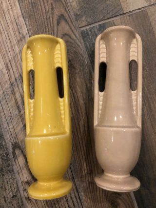 Shawnee Pottery Tall Vases Yellow & Beige Two Handled Usa 1178