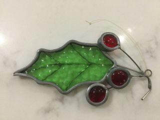 Handcrafted Vintage Stained Glass Christmas Holly & Berries Sun Catcher Ornament
