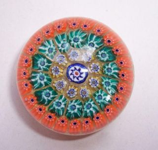 Vintage Small Millefiori Art Glass Paperweight Orange Green Yellow Blue Canes