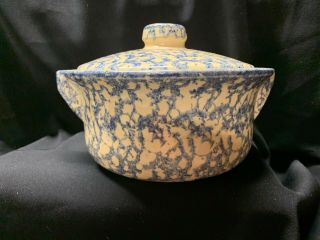 Vintage Roseville Ohio Rrp Co Stoneware Crock Blue Spongeware Bean Pot With Lid
