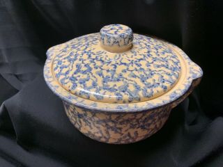 Vintage Roseville Ohio RRP CO Stoneware Crock Blue Spongeware Bean Pot with Lid 4