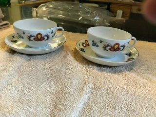 Porsgrund Farmers Rose Oversized Flat Cups And Saucers,  Gold Rim,  Set Of 2