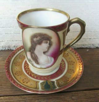 Art Nouveau Lady’s Portrait Schwarzburg Hand Painted Porcelain Cup & Saucer Arti